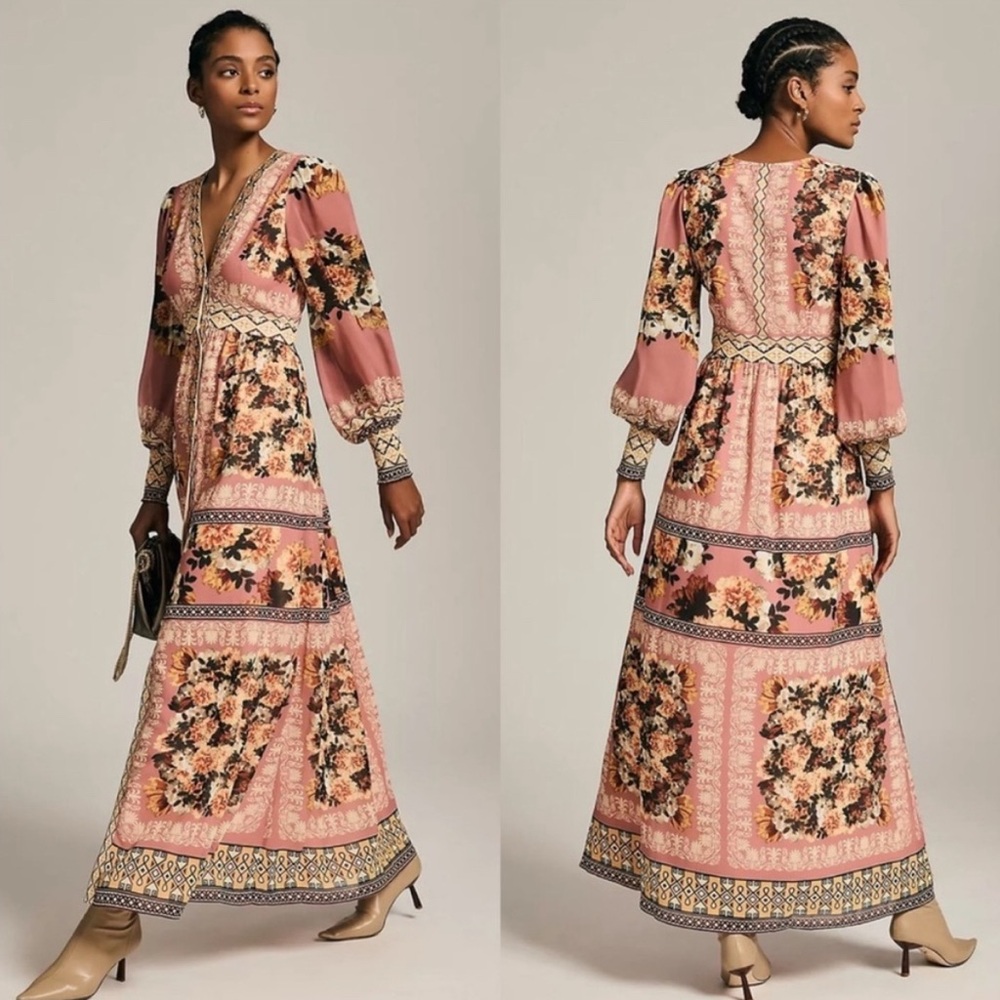 Anthropologie Pink and Orange V-Neck Maxi Gown